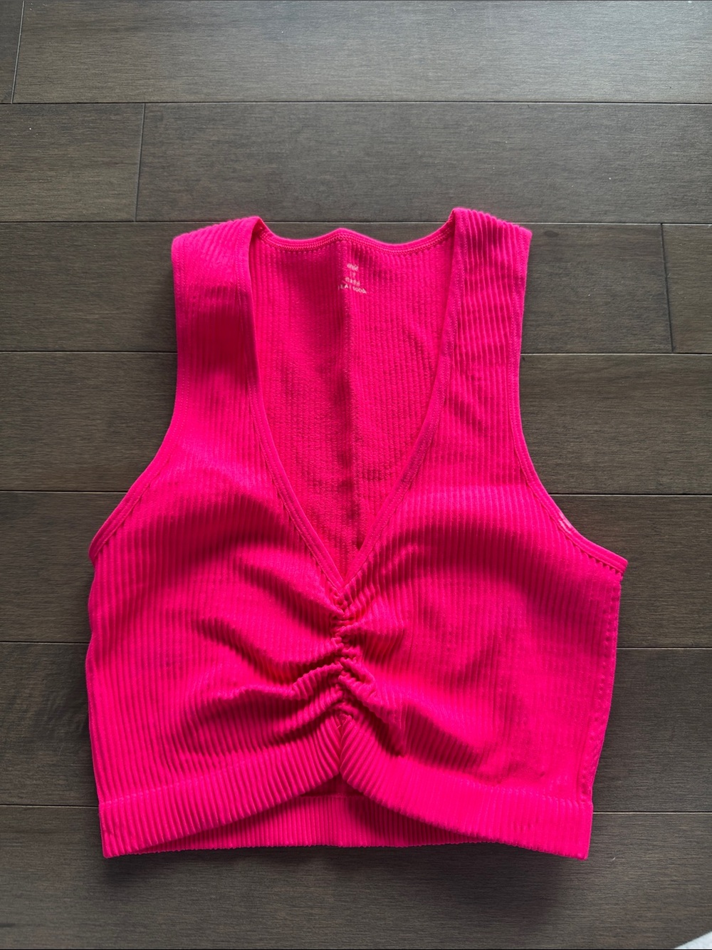 aerie Hot Pink Ribbed V-Neck Ruched Crop Tank